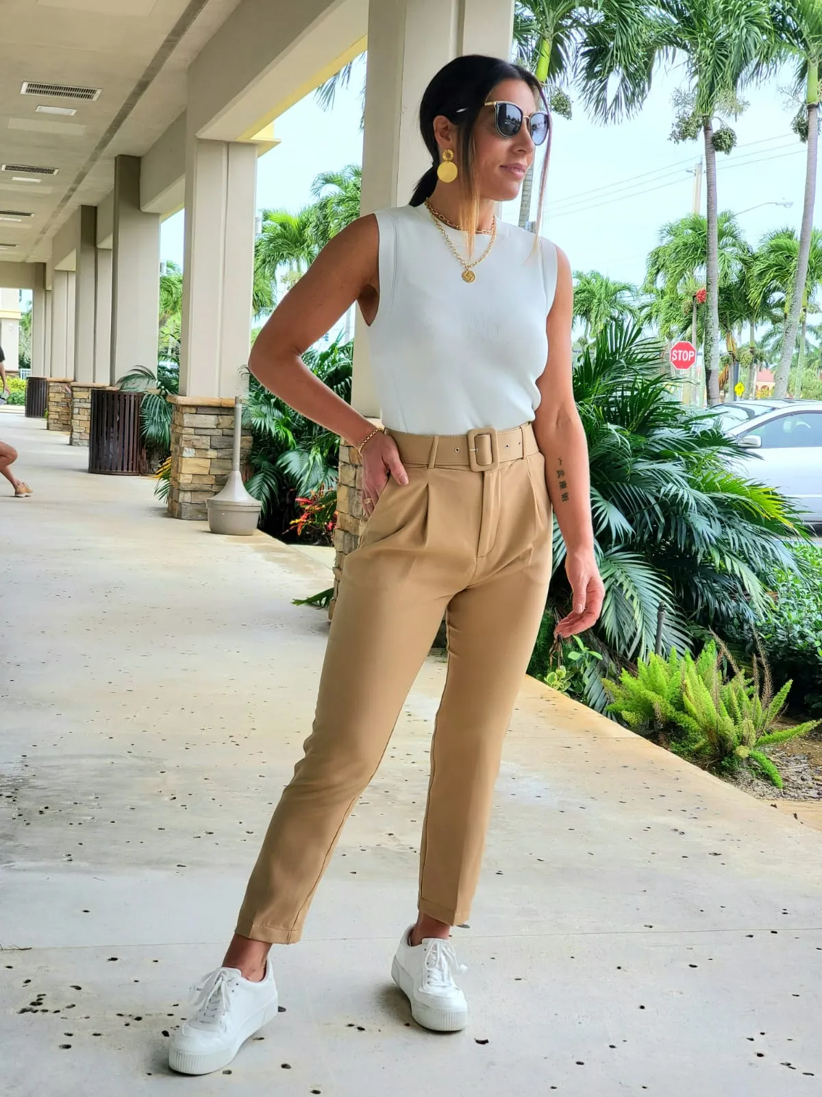 Belted skinny leg pants