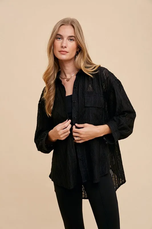 Black Openwork Button Down Drop Shoulder Shirt