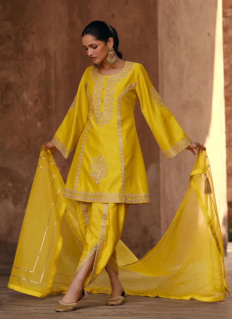 Bright Yellow Embroidery Festive Dhoti Pant Suit