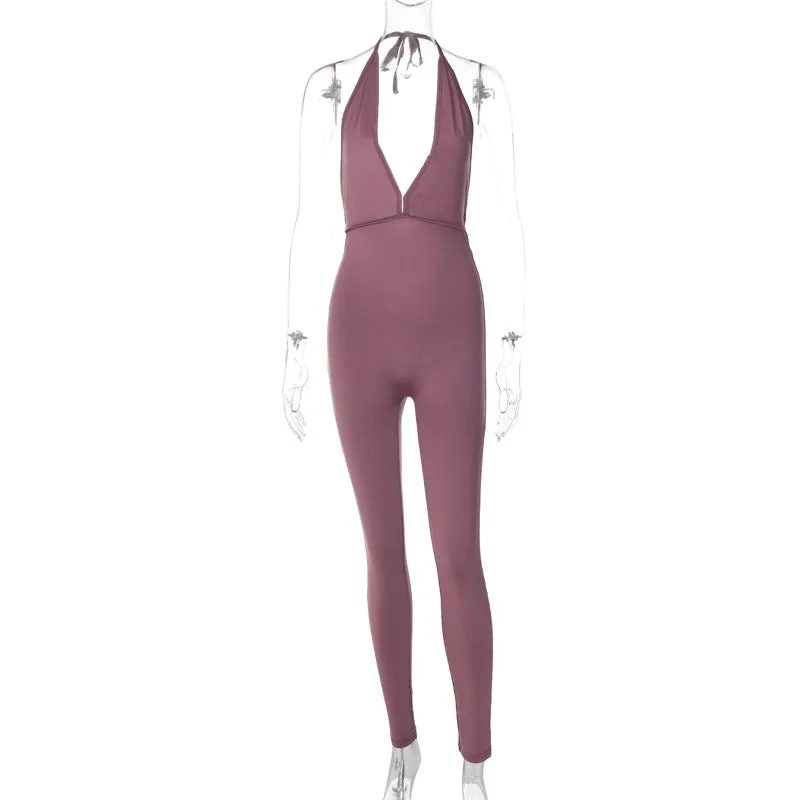 European And American-Style2023Summer NewVCollar Lace-up Halter Sexy Pleated Backless Sports Slim-Fitting Jumpsuit Women Wholesale