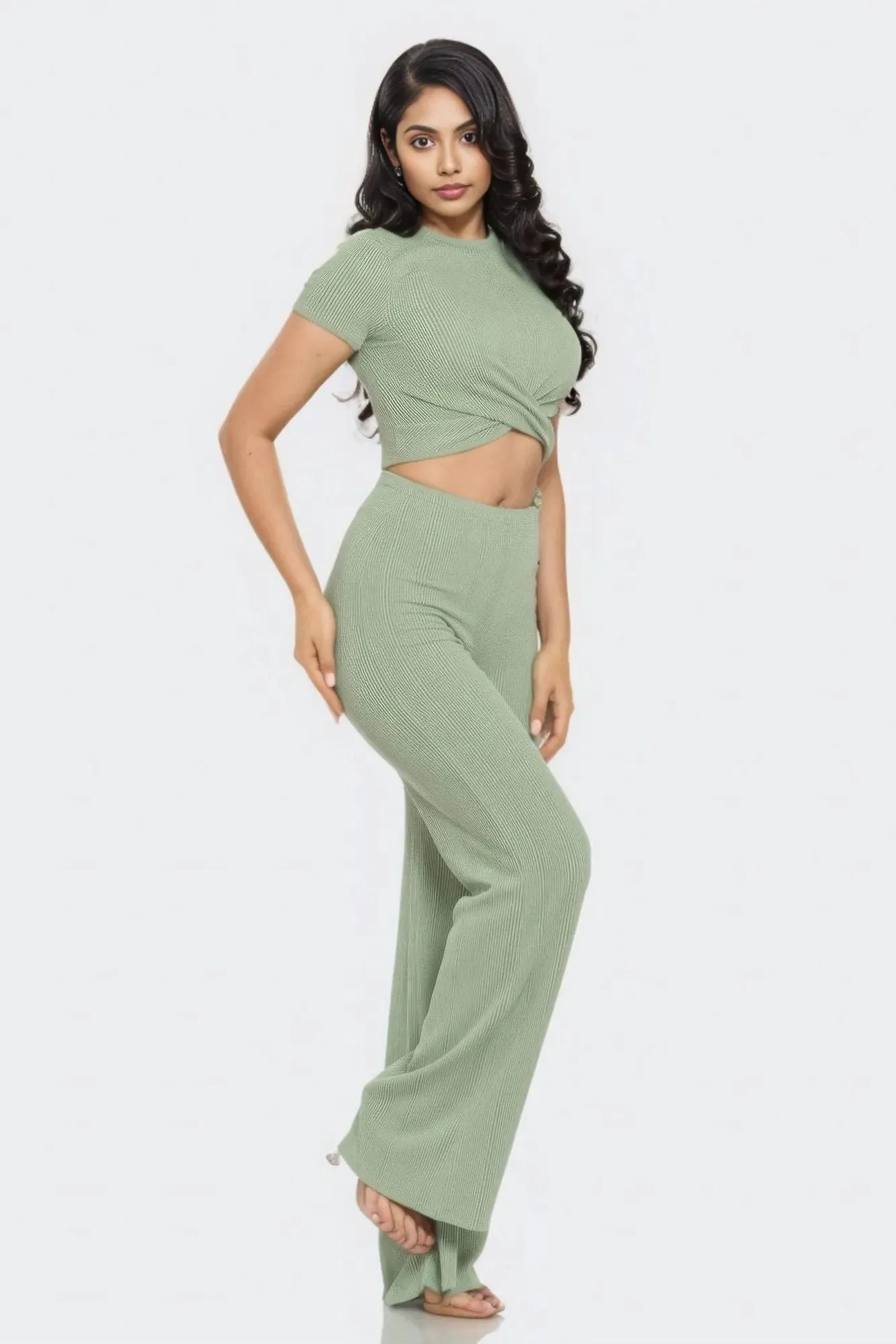 Front Twist Top And Flare Pants Set