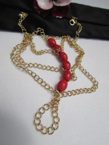 Gold Chains Bracelet Hand Chain Multi Strands Sky Blue & Red Six Big Beads Chunky Style Accessories