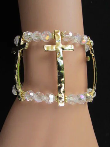Gold Crosses Elastic Metal Cuff Bracelet Clear Beaded Trendy