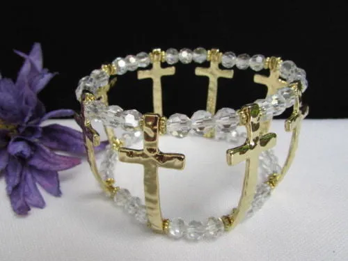Gold Crosses Elastic Metal Cuff Bracelet Clear Beaded Trendy