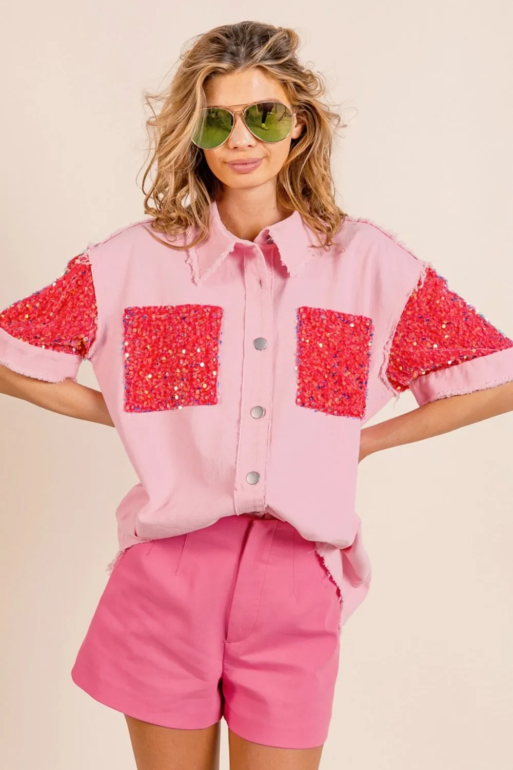 Hazel Blues® |  BiBi Sequin Detail Raw Hem Short Sleeve Shirt