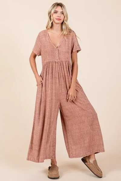 Hazel Blues® |  Mittoshop Mineral Wash Short Sleeve Flowy Wide Leg Jumpsuit