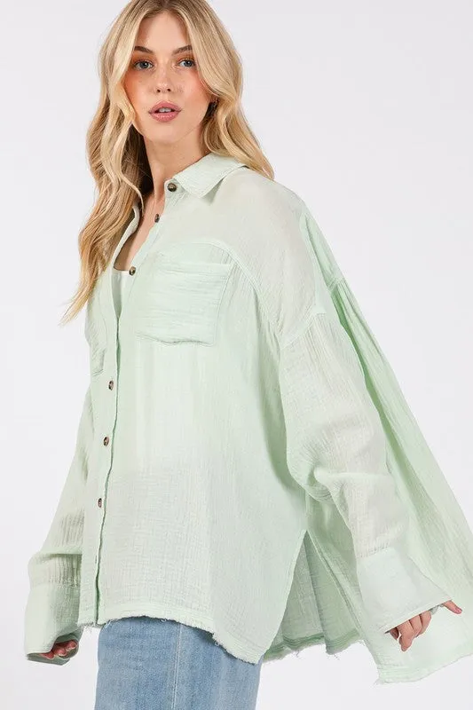 Hazel Blues® |  SAGE   FIG Frayed Hem Side Slit Button Down Shirt