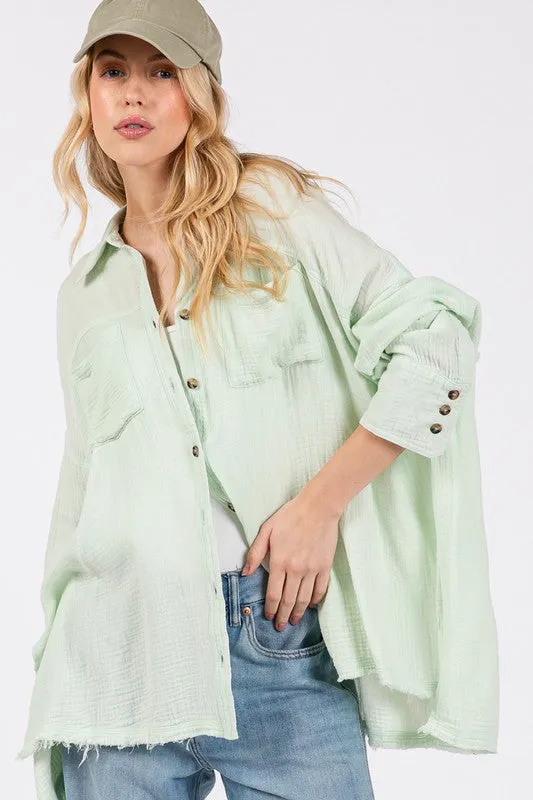 Hazel Blues® |  SAGE   FIG Frayed Hem Side Slit Button Down Shirt