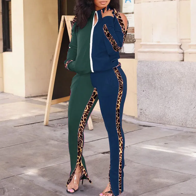Leopard Colorblock Cold Shoulder Top & Pants Set