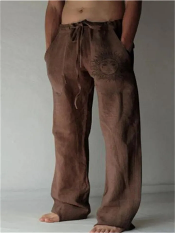 Men's Casual Lace Up Elastic Waist Sun Print Cotton Pants