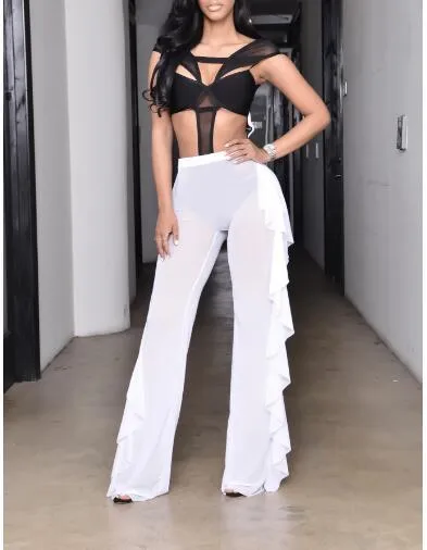 New Sexy Ruffle Women Beach Mesh Pants Sheer Wide Leg Pants Transparent See through Sea Holiday Cover Up Bikini Trouser Pantalon