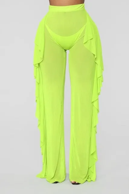 New Sexy Ruffle Women Beach Mesh Pants Sheer Wide Leg Pants Transparent See through Sea Holiday Cover Up Bikini Trouser Pantalon