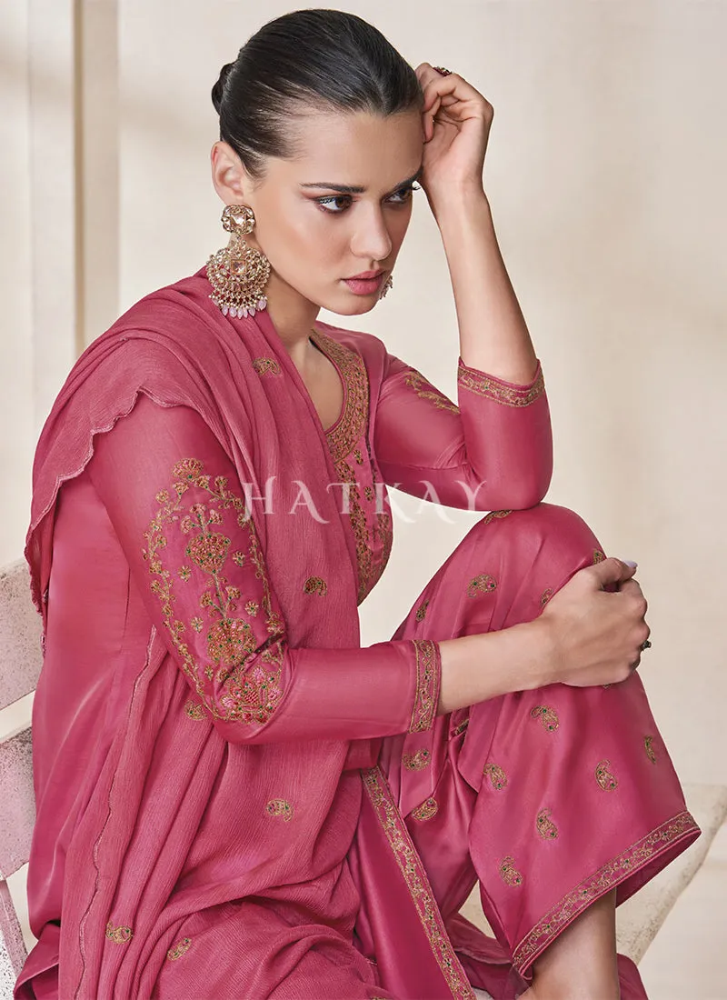Rose Pink Embroidery Traditional Silk Salwar Kameez