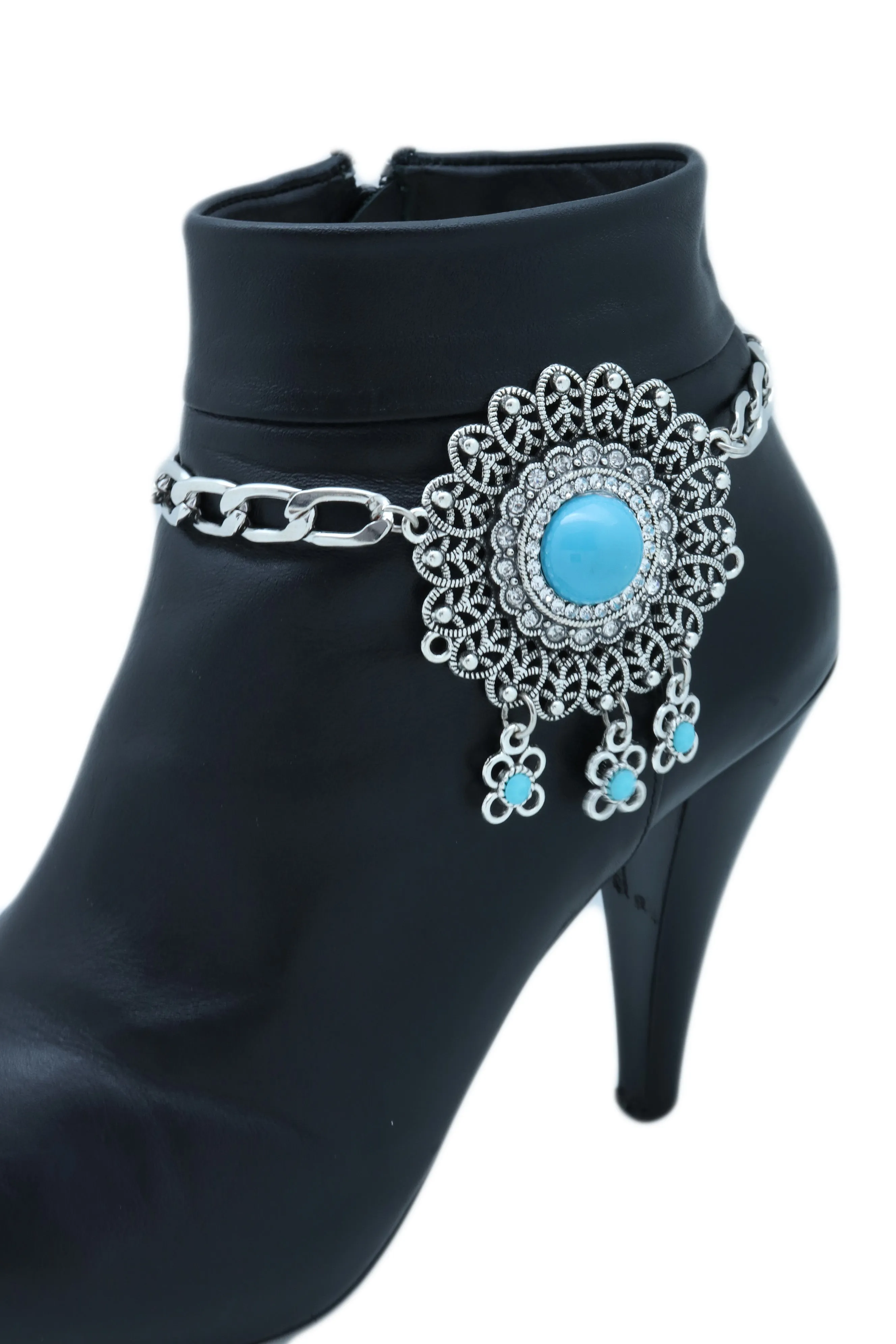 Silver Metal Boot Chain Bracelet Shoe Anklet Turquoise Blue Flower Charm