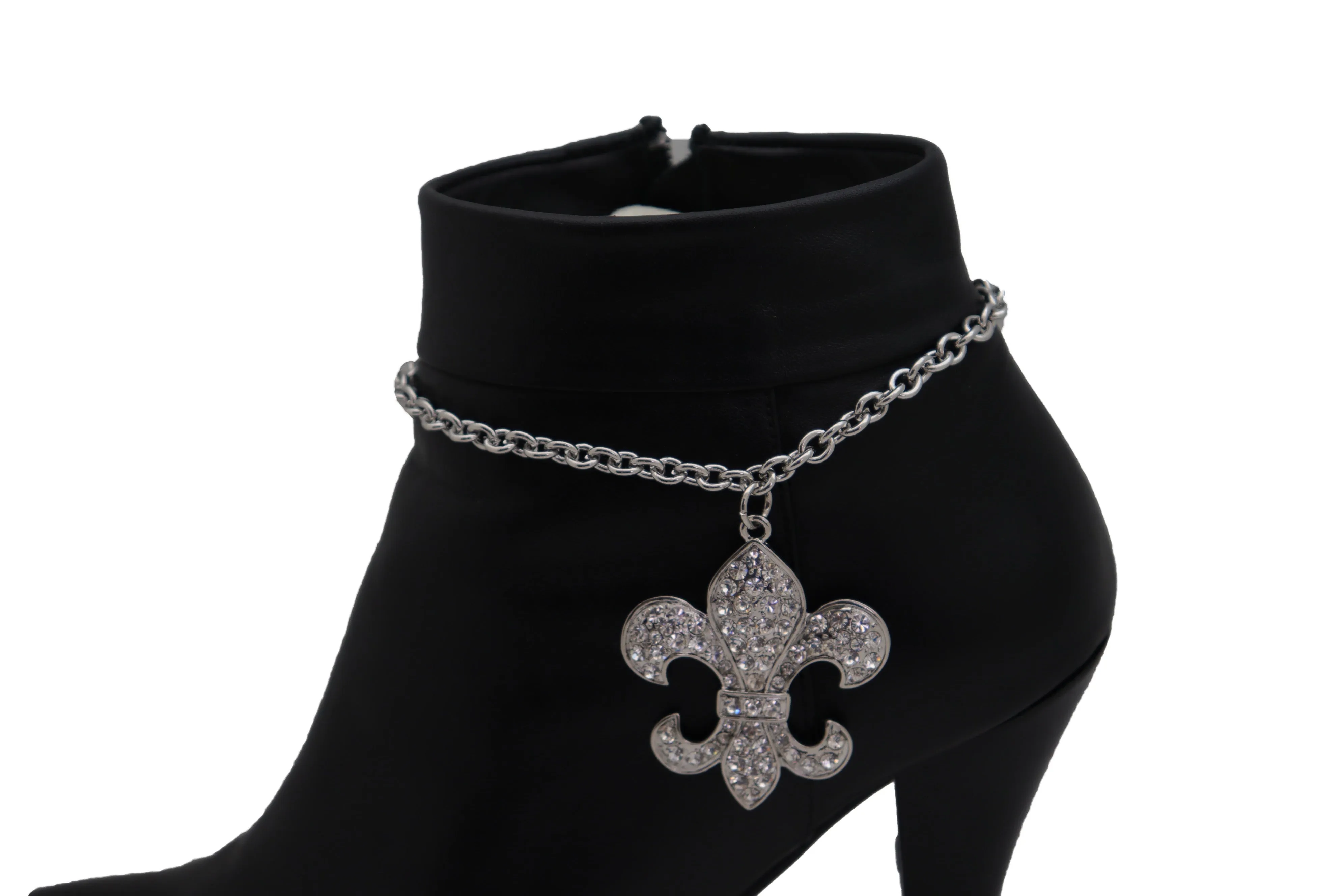 Silver Metal Boot Chain Strap Bracelet Shoe Fleur De Lis Lily Charm