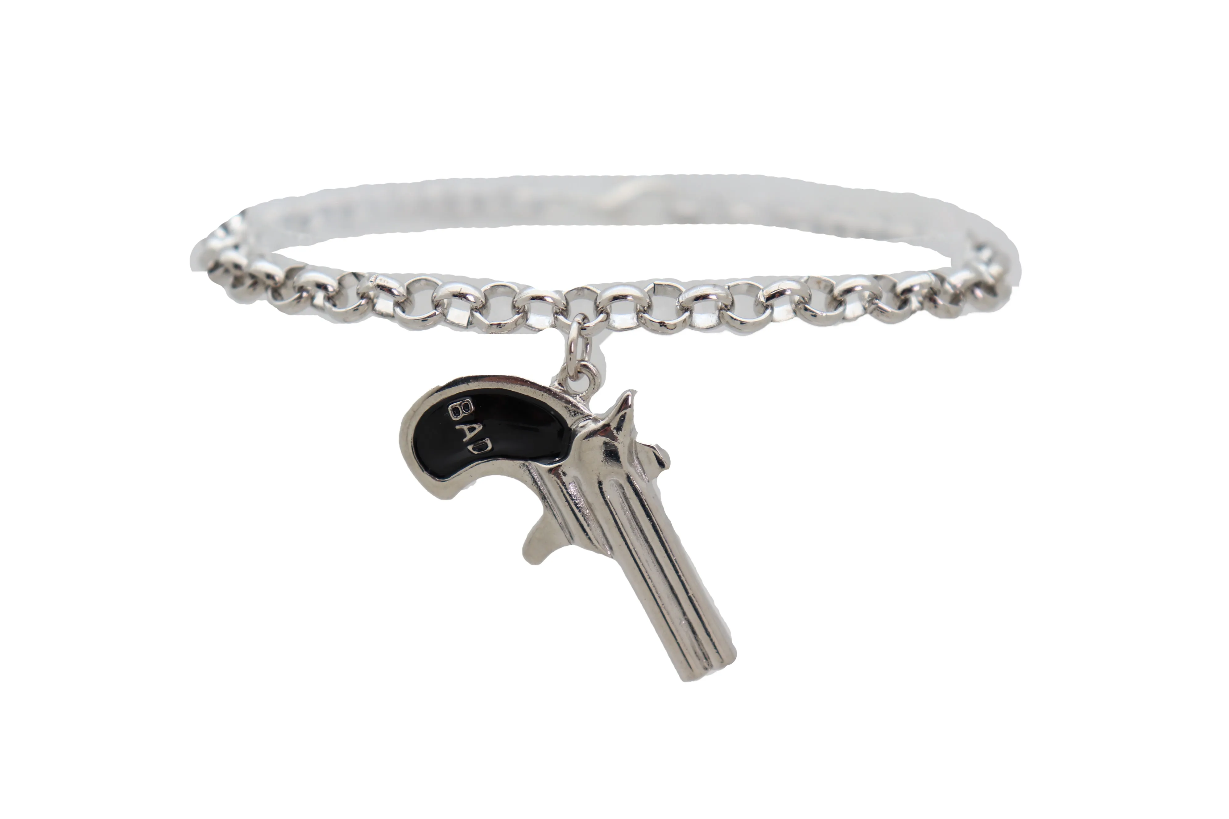 Silver Metal Chain Boot Bracelet Shoe Black Bad Gun Revolver Charm Western