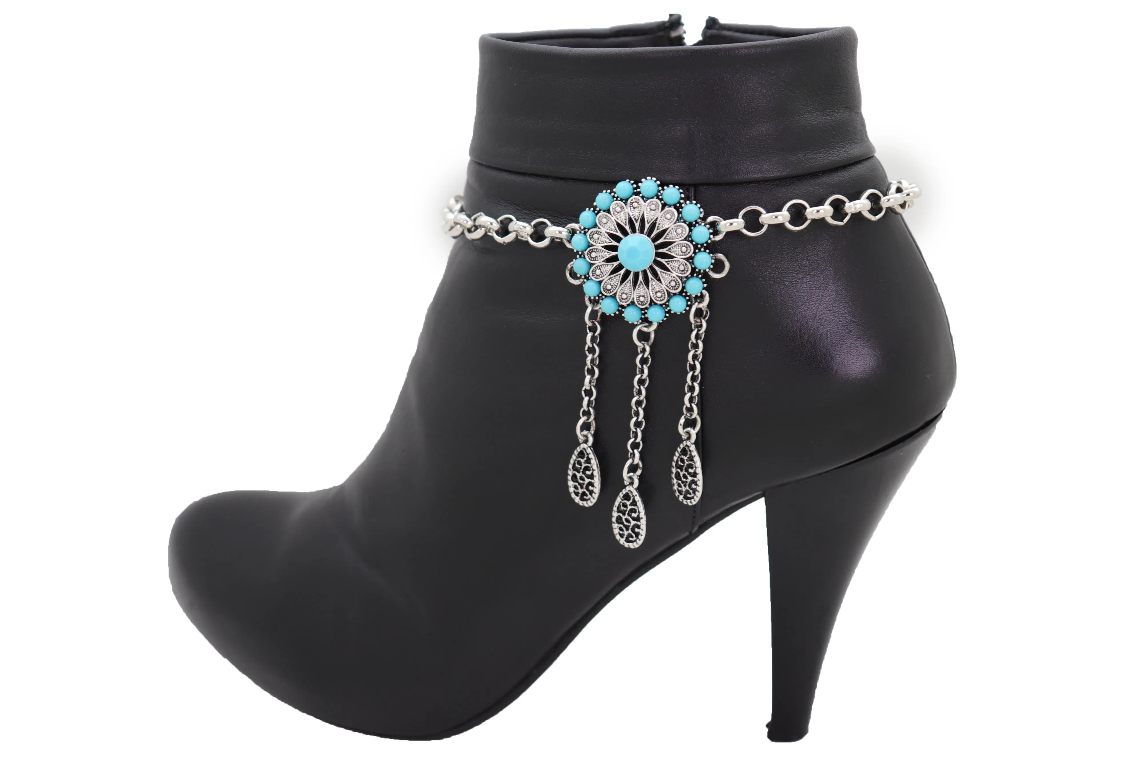 Silver Metal Chain Boot Bracelet Shoe Turquoise Blue Ethnic Flower Charm