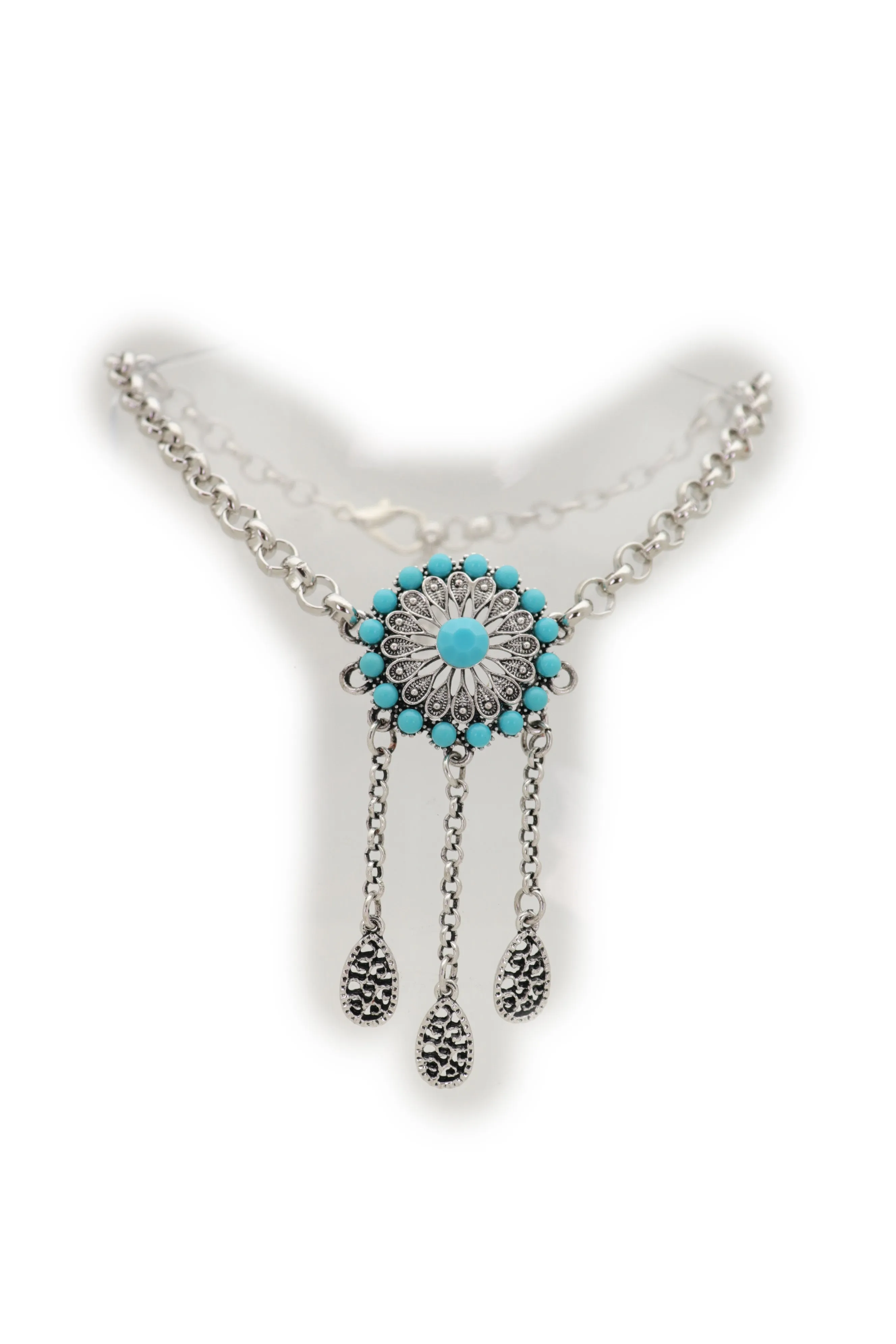 Silver Metal Chain Boot Bracelet Shoe Turquoise Blue Ethnic Flower Charm
