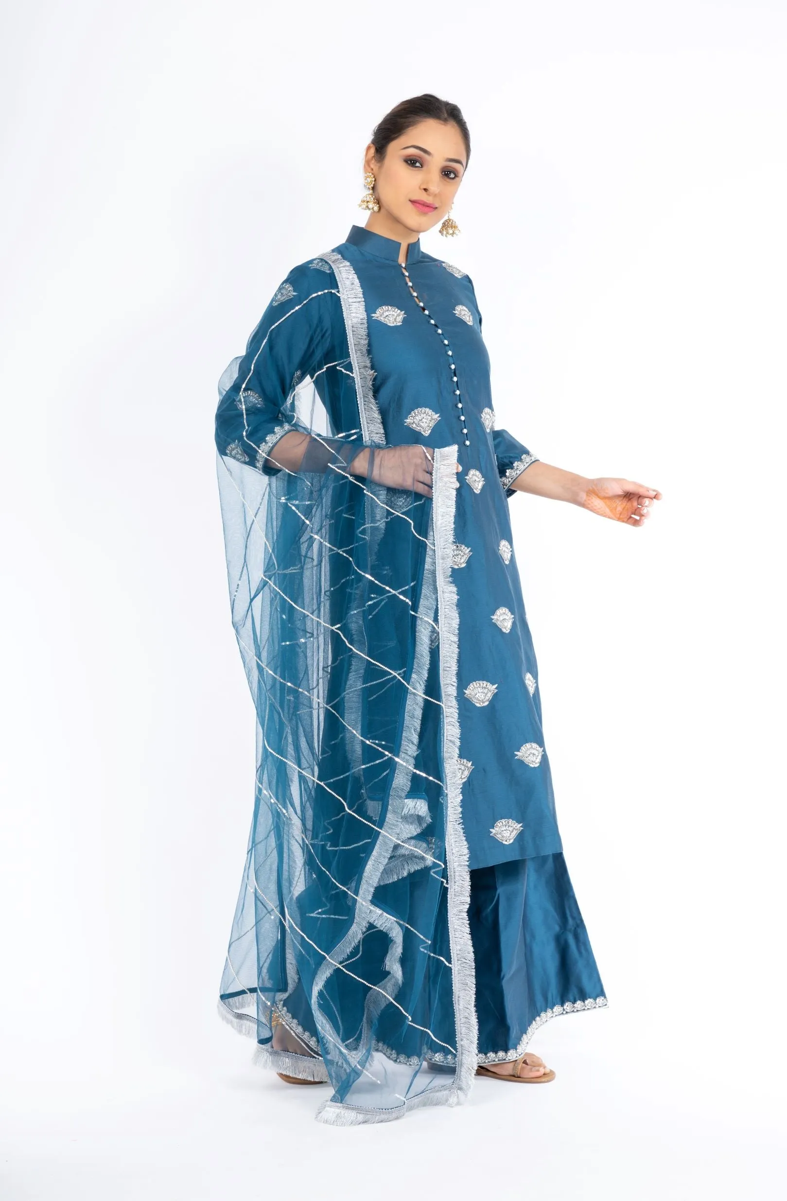 Stunning Classic Blue Chanderi Silk Kurta Set with Palazzo Pant and a Net Dupatta