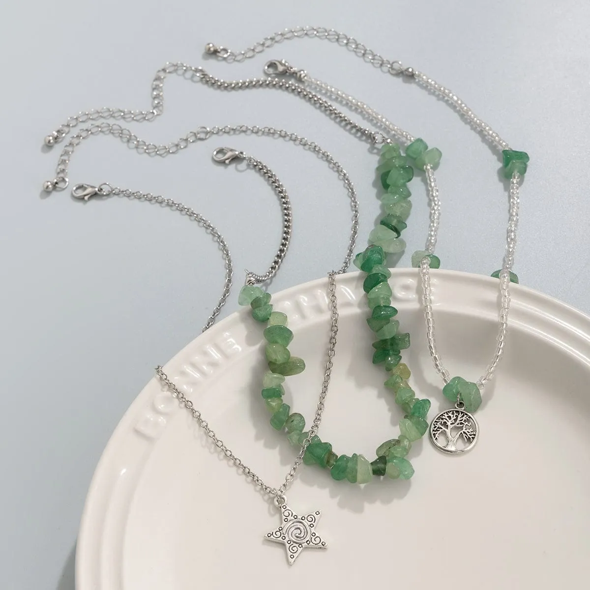 Trendy Layered Star Tree Pendant Turquoise Stone Seed Beaded Chain Necklace Set