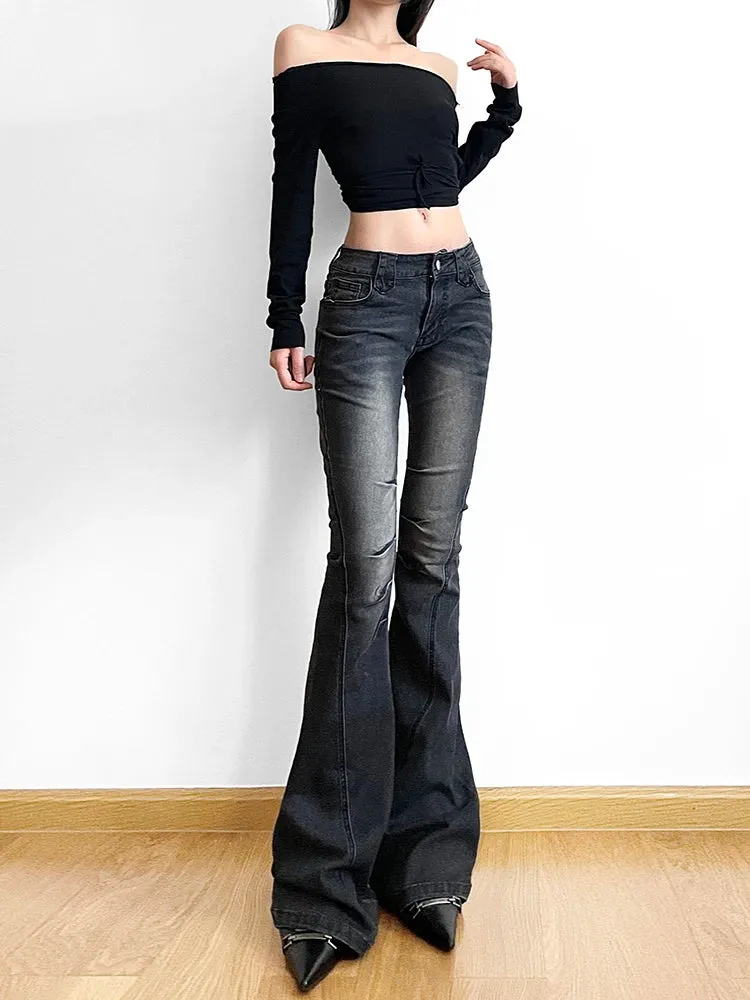 Vintage Skinny Women's Flare Jeans Pant Low Rise Y2K Aesthetic Fashion Streetwear Denim Boot Cut Pants Grunge