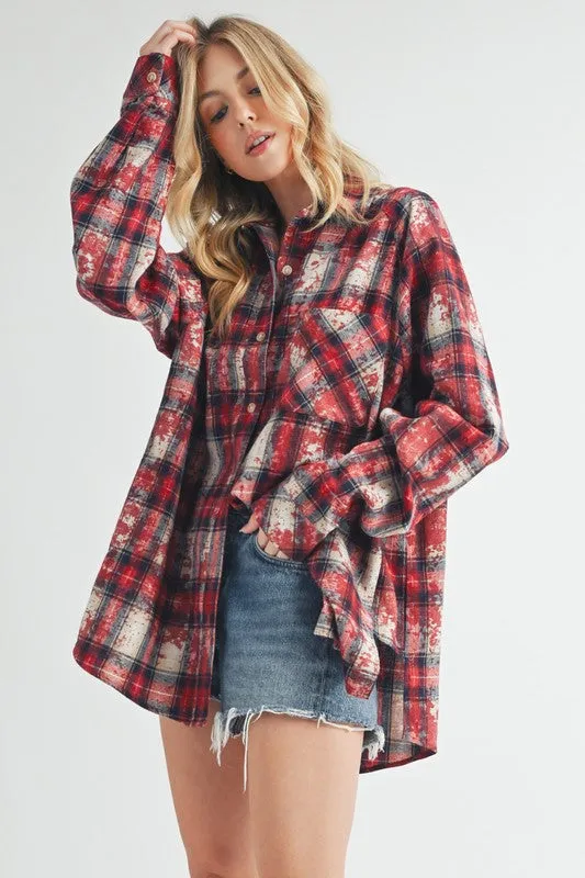 Washed Plaid Button Up Raglan Sleeve Flannel Shirt