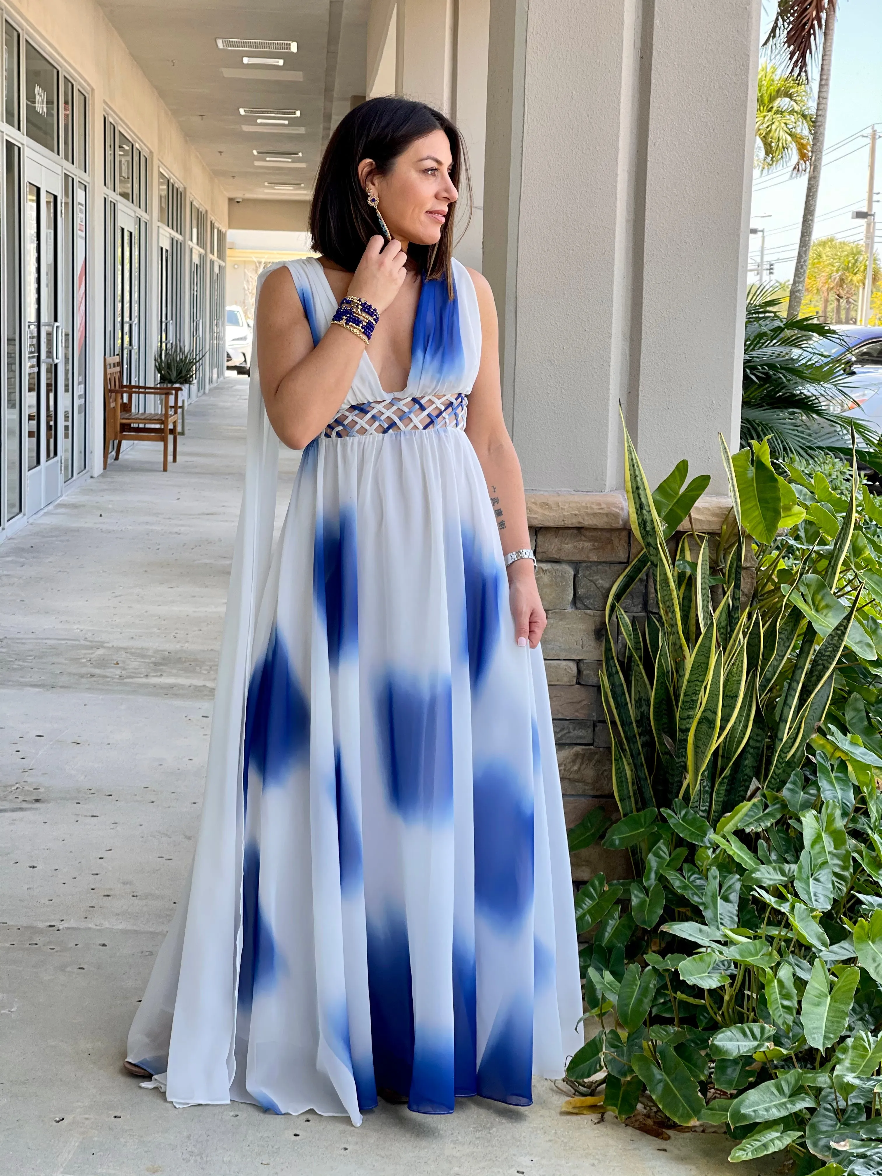 White Chiffon Blue Tie Dye Print Dress