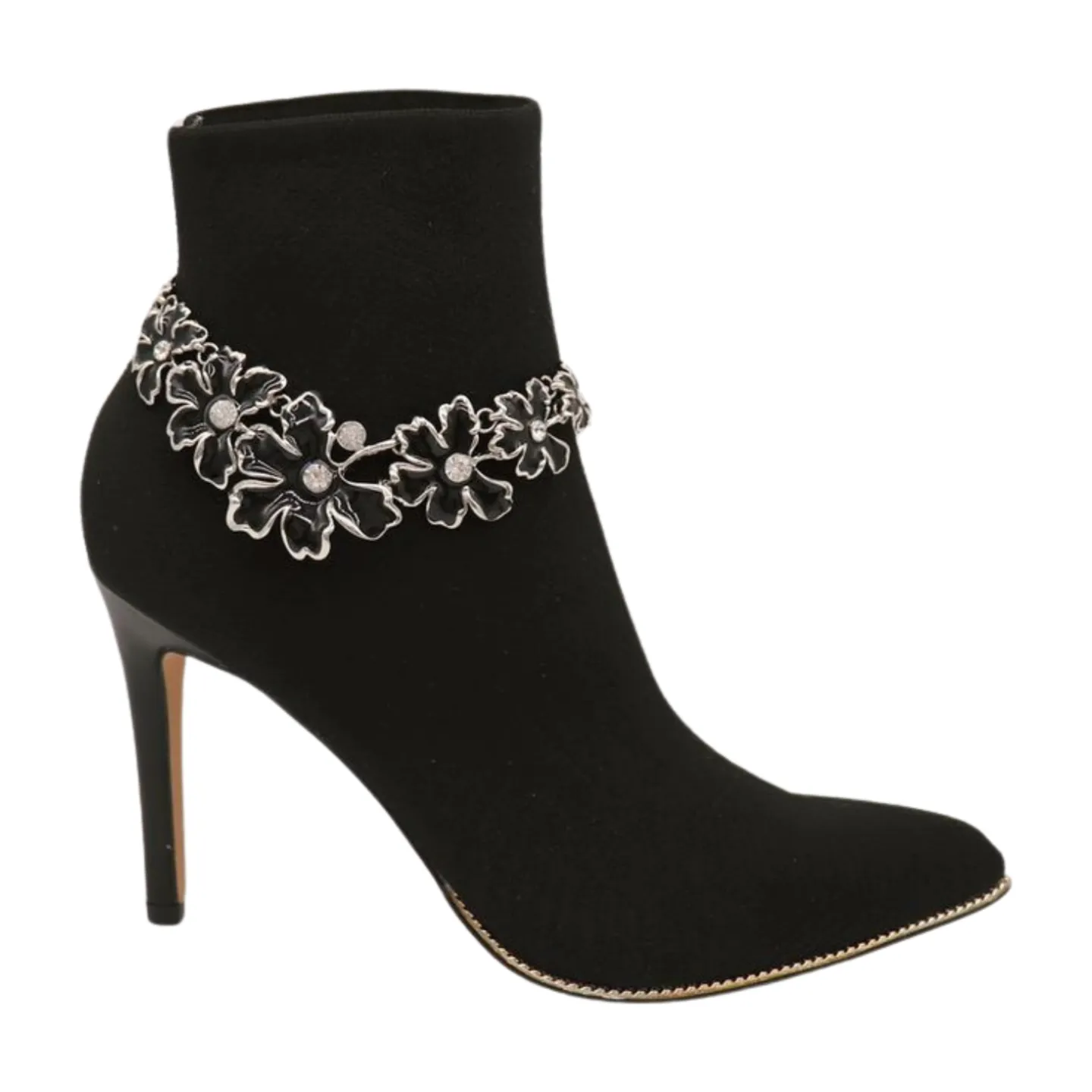 Women Silver Metal Boot Chain Bracelet Shoe Black Flower Charm