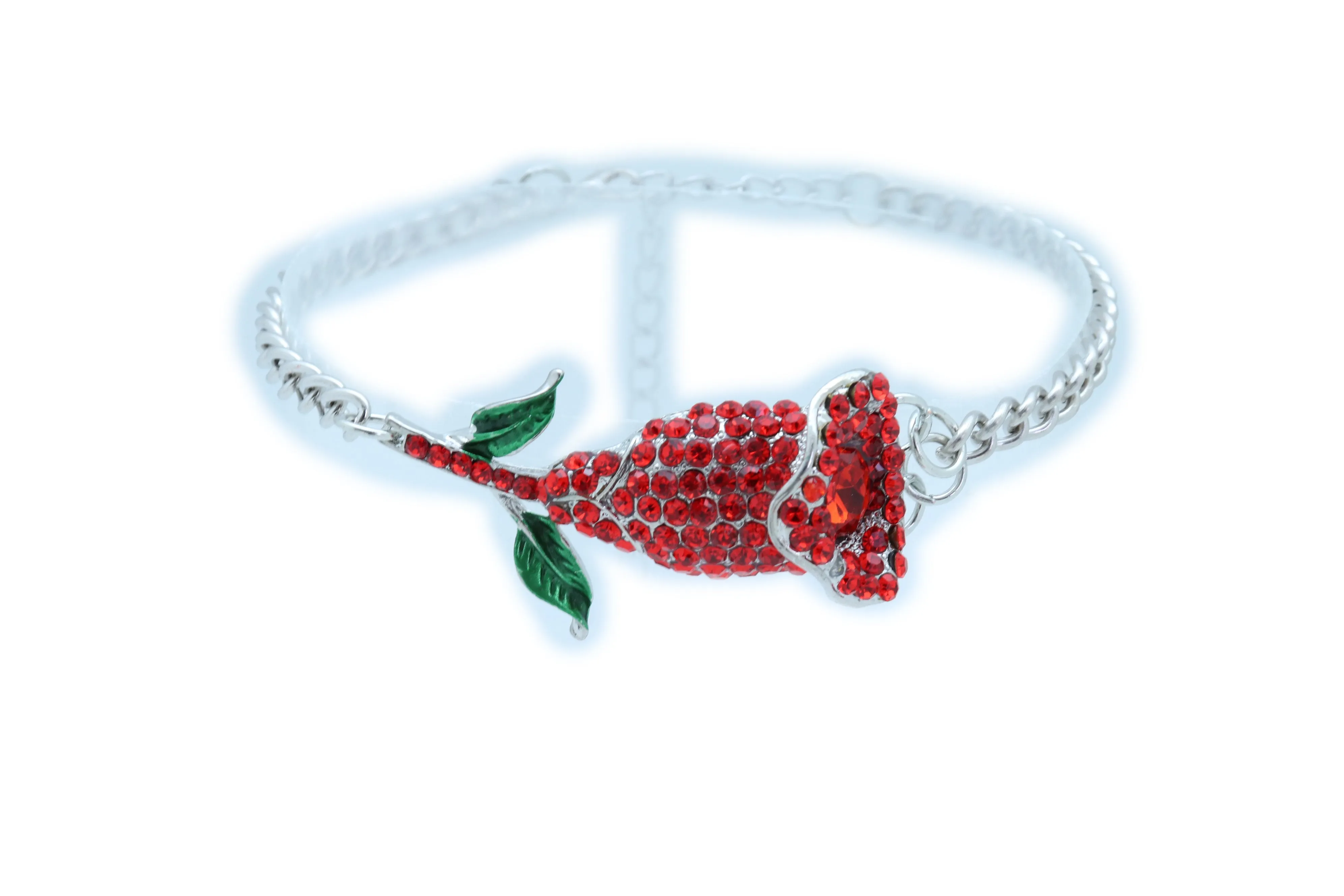 Women Silver Metal Chain Boot Bracelet Heel Shoe Anklet Red Flower Bling Charm One Size