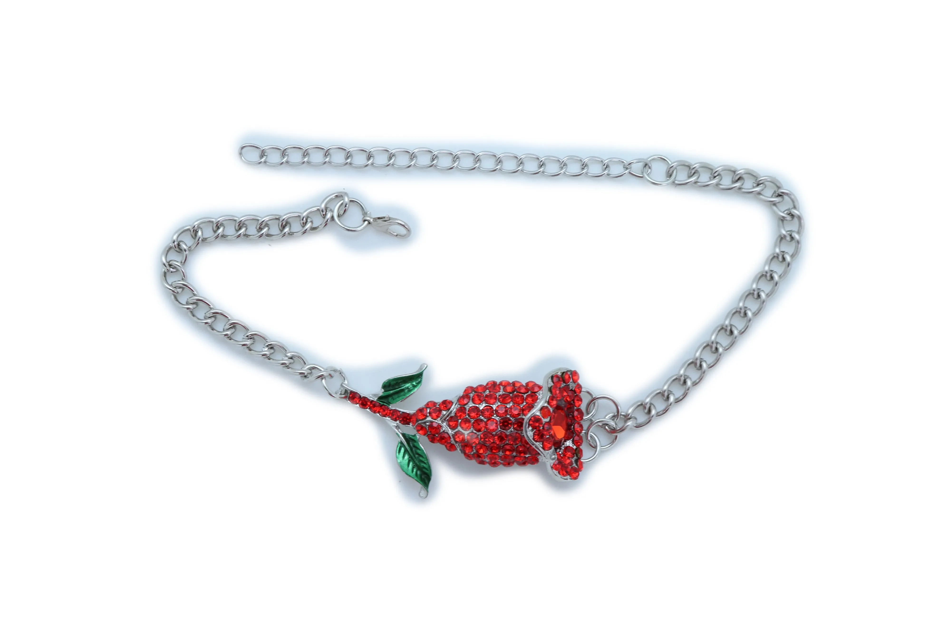 Women Silver Metal Chain Boot Bracelet Heel Shoe Anklet Red Flower Bling Charm One Size