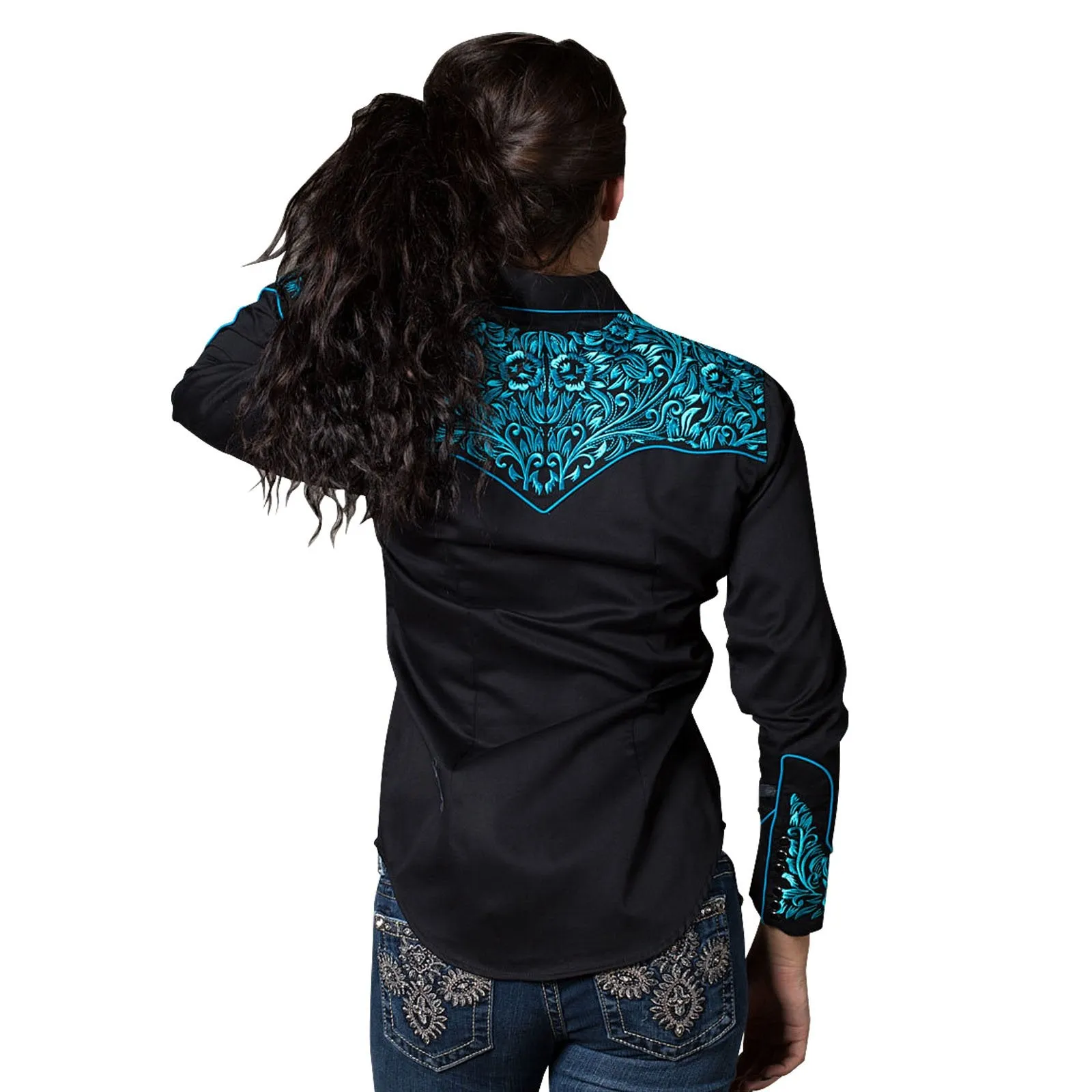 Women's Vintage Western Shirt Collection: Rockmount Fancy Tooling Black/Turquoise