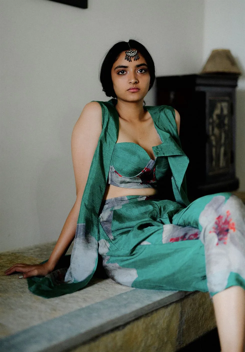 YAM   I  Woollahra WHITE POPPIES SET KURTA SET SILK GREEN Festive Collections YAMKU32