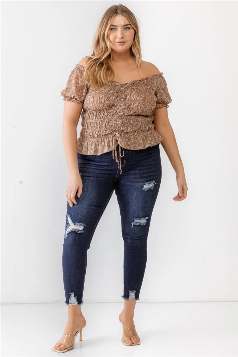 Zenobia Plus Size Frill Ruched Off-Shoulder Short Sleeve Blouse (2 Colors)