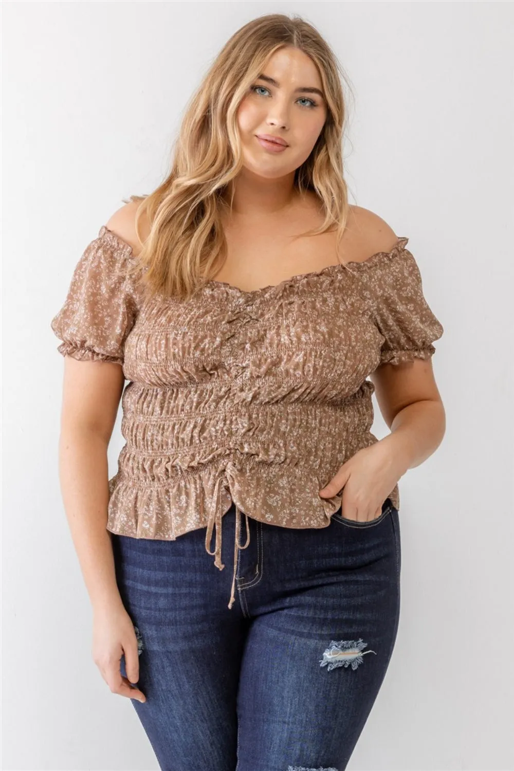 Zenobia Plus Size Frill Ruched Off-Shoulder Short Sleeve Blouse (2 Colors)